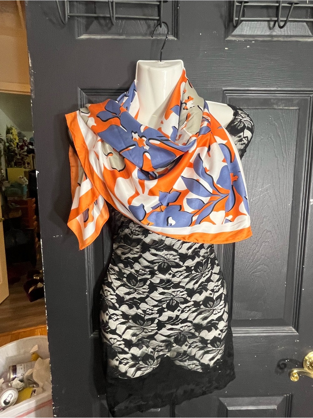 Silk Floral-Print Scarf Topper in Orange and Blue
